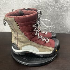 Keen Womens Sz 9 Vail Tan Leather Red Insulated Waterproof Lace-Up Zip Boots